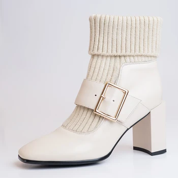 

Genuine Leather knitting ankle Boots Female square Toe Thick high Heels boots Office Lady Working Shoes Woman