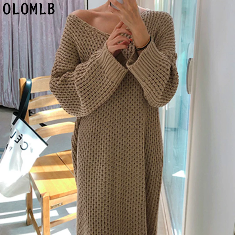 

One-Piece Hollow Out Sweater Dress Women Autumn Winter Korean Batwing Pullover Knitted Dress Woman Oversize Knit Midi Dress Lady