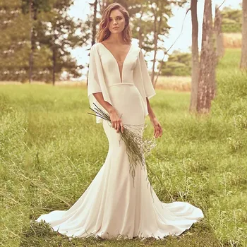 

Vestido de noiva Batwing Sleeve Wedding Dress Ivory Trumpet Mermaid Wedding Dress 2020 Bride Dress Belt 3/4 Sleeve Weeding Gowns