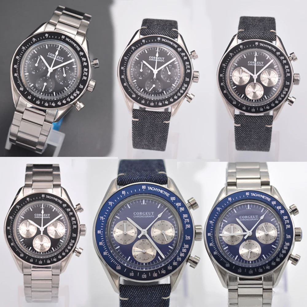 Corgeut 40mm Mens 24-hour Multi-function Stainless Steel Chronograph Quartz Watch