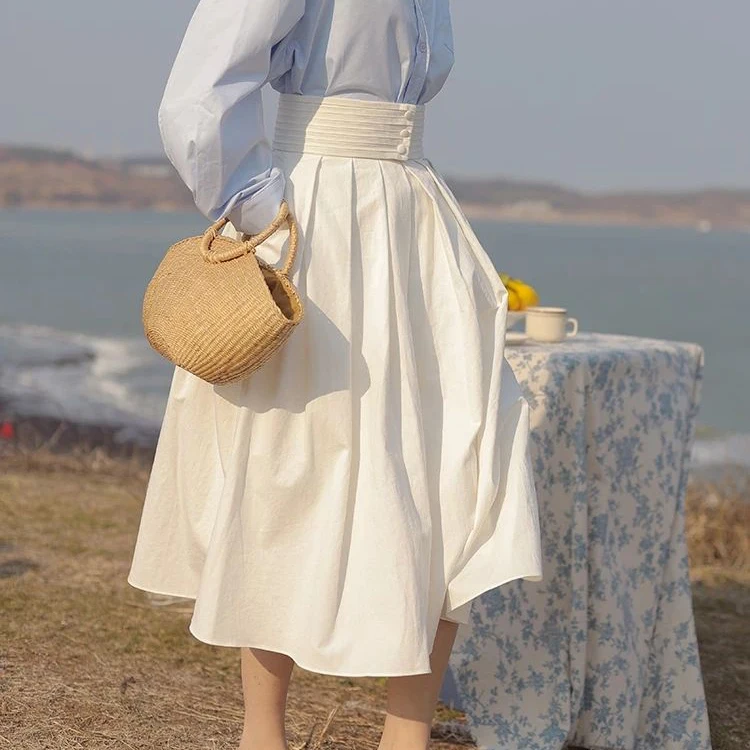 French white high waist A-line  skirt Solid Ankle-Length Natural WOMEN Casual COTTON silk long skirt  clothes