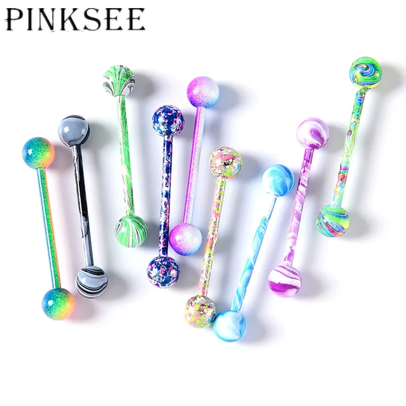 Pinksee модные смешанные 10 шт. многоцветные покрытия штанга нержавеющая сталь пирсинг для языка, украшения кольца для сосков для бровей и ушей шпилька