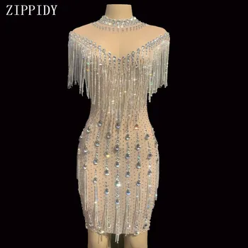 

Crystals Fringes See Through Mesh Dress Women Birthday Party Celebrate Stones Dress Bar Nightclub Women Dance Costume YOUDU