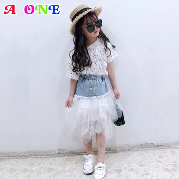 

Summer girls denim skirt baby tutu skirt kids fashion mesh skirt children bottoms streetwear style jeans layered 4 to 14 yrs