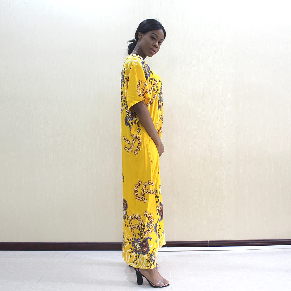 Dashikiage модное Африканское Дашики с цветочным принтом желтое из чистого хлопка с аппликацией длинное платье размера плюс
