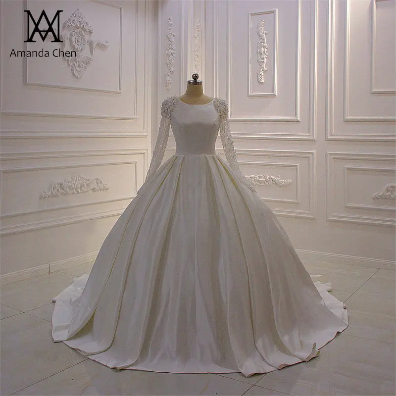 Слоновая кость Robe mariee Кристалл Атласное мусульманское с длинным рукавом свадебное платье - Цвет: Слоновая кость