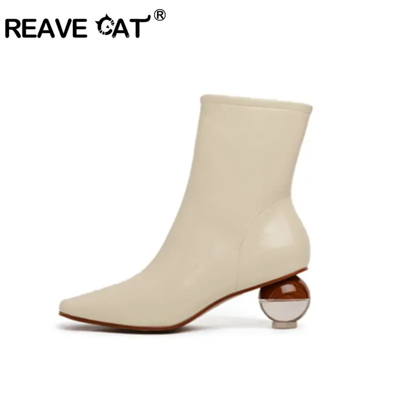 

REAVE CAT Woman ankle boots med crystal ball heels pointed toe zipper party booties Lady winter shoes sock booties