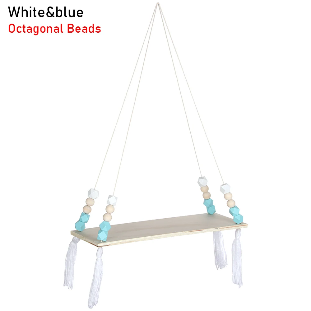 white blue Деревянные бусины, подвесные полки, подвесная доска для хранения, кисточка, подвеска для детской комнаты, восьмиугольный Круглый Орнамент для украшения дома и детской комнаты - Цвет: white blue