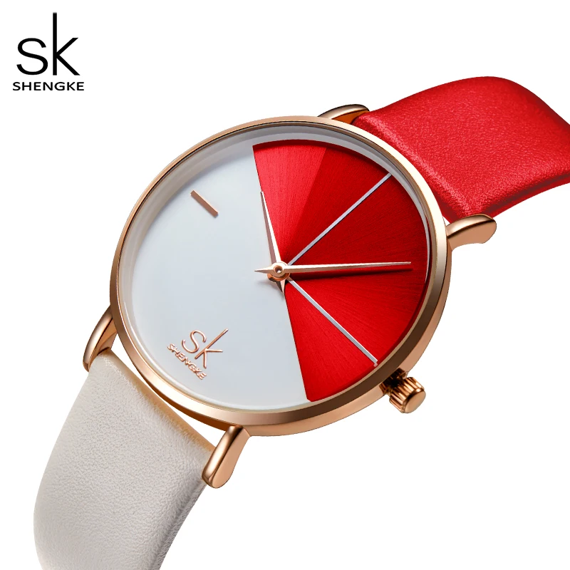 Shengke, Модные Женские Двухцветные Аналоговые кварцевые наручные часы с круглым циферблатом и ремешком из искусственной кожи, простые кварцевые часы для свиданий, подарочные часы