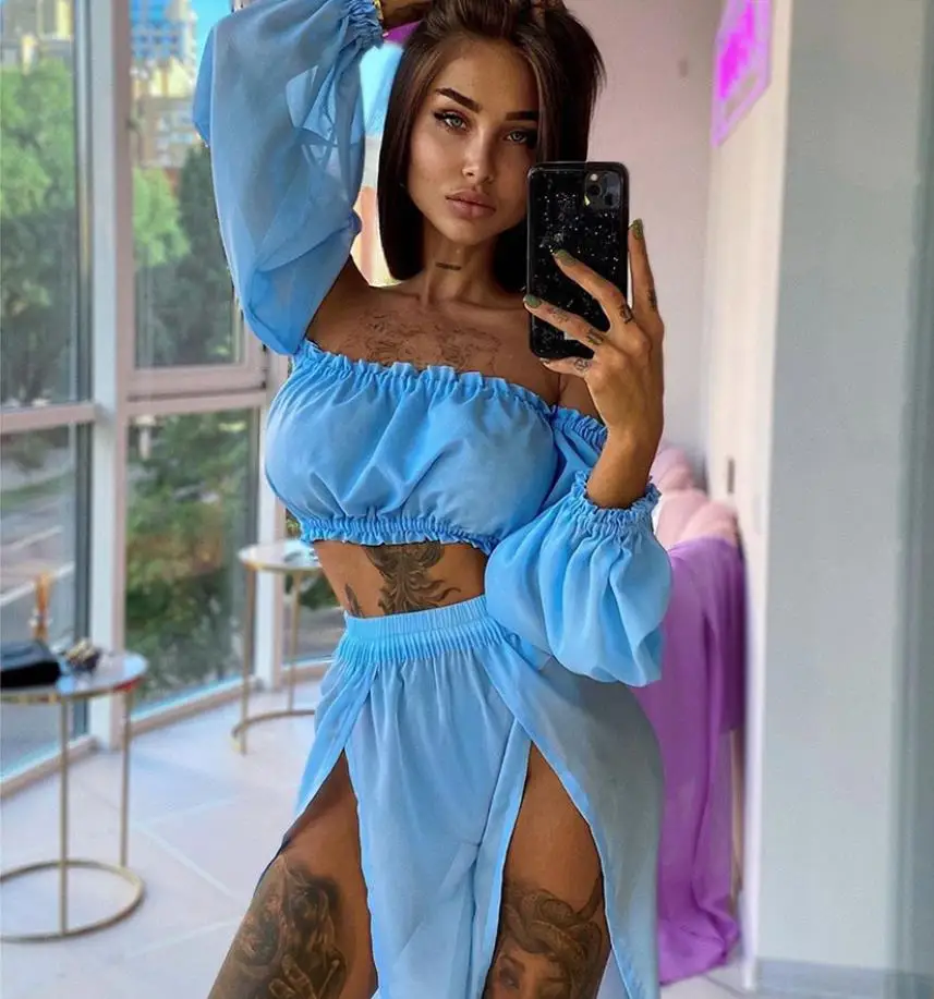Summer Women Bikini Cover Ups Solid Color Long Sleeve Off Shoulder Tops High Waist Split Skirts 2pcs Swimsuit Bathing Suit 4