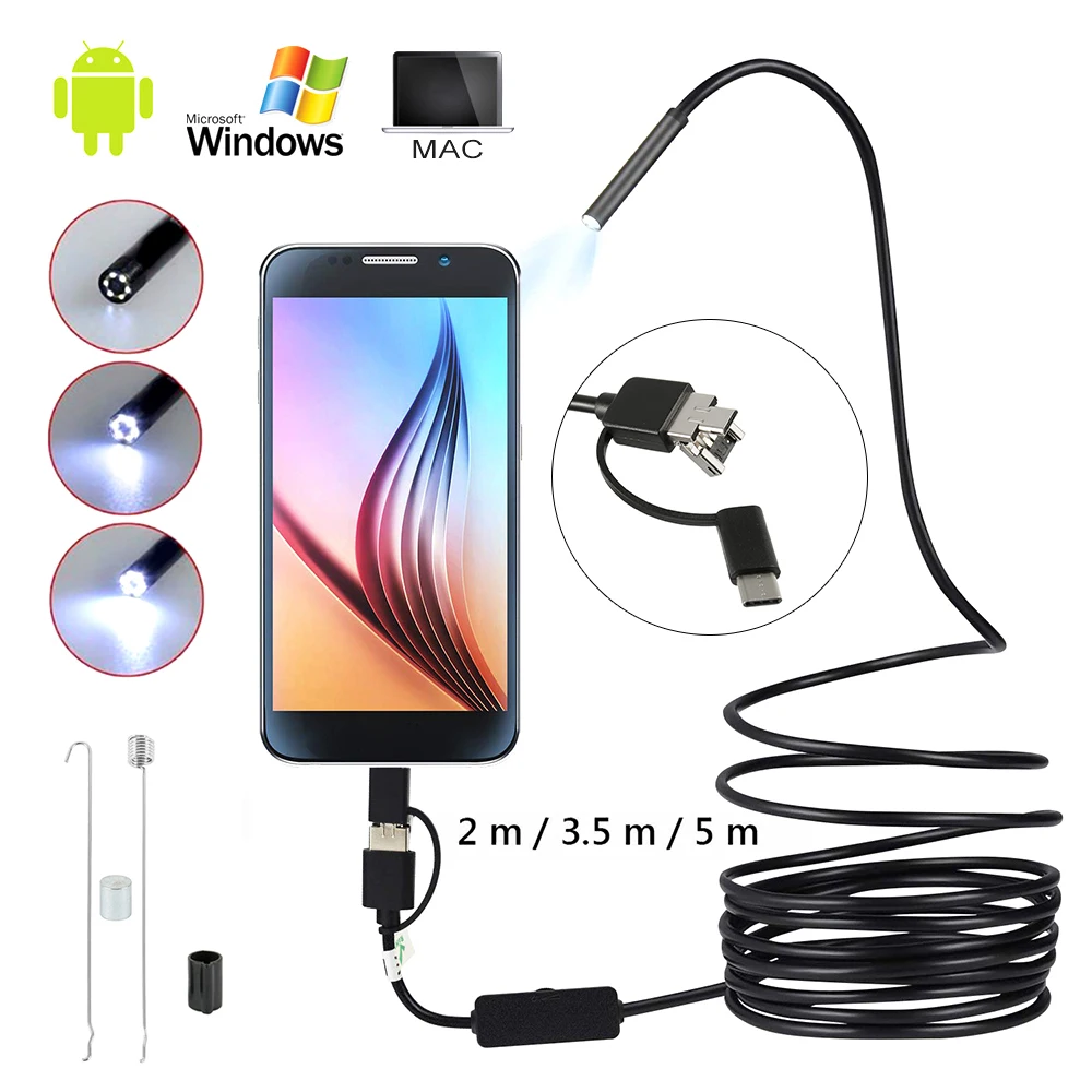 Câmera para Android Mini Câmera Endoscópio 2m 1m 3.5m 5m 10m Flexível Cabo Rígido Cobra Borescope Inspeção Smartphone pc Usb 7mm 1 3.5m 5m 10m flexível cabo rígido cobra