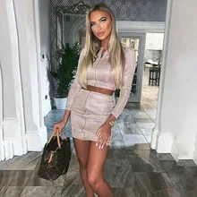 CHRLEISURE Sexy Two Piece Set Women Long Sleeve Solid Color Mini Dress 2 Piece Set Women Clubwear Party Crop Top