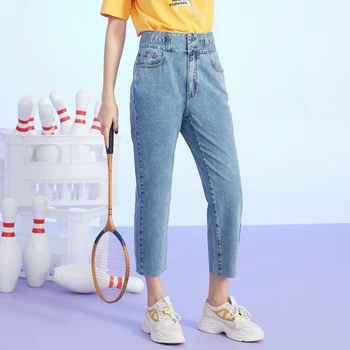 

IEF Spring Fashion Demin Harem Pants Women High Waist Loose Buttons Pockets Casual Female Straight Jeans 0N29A-D7324-9-