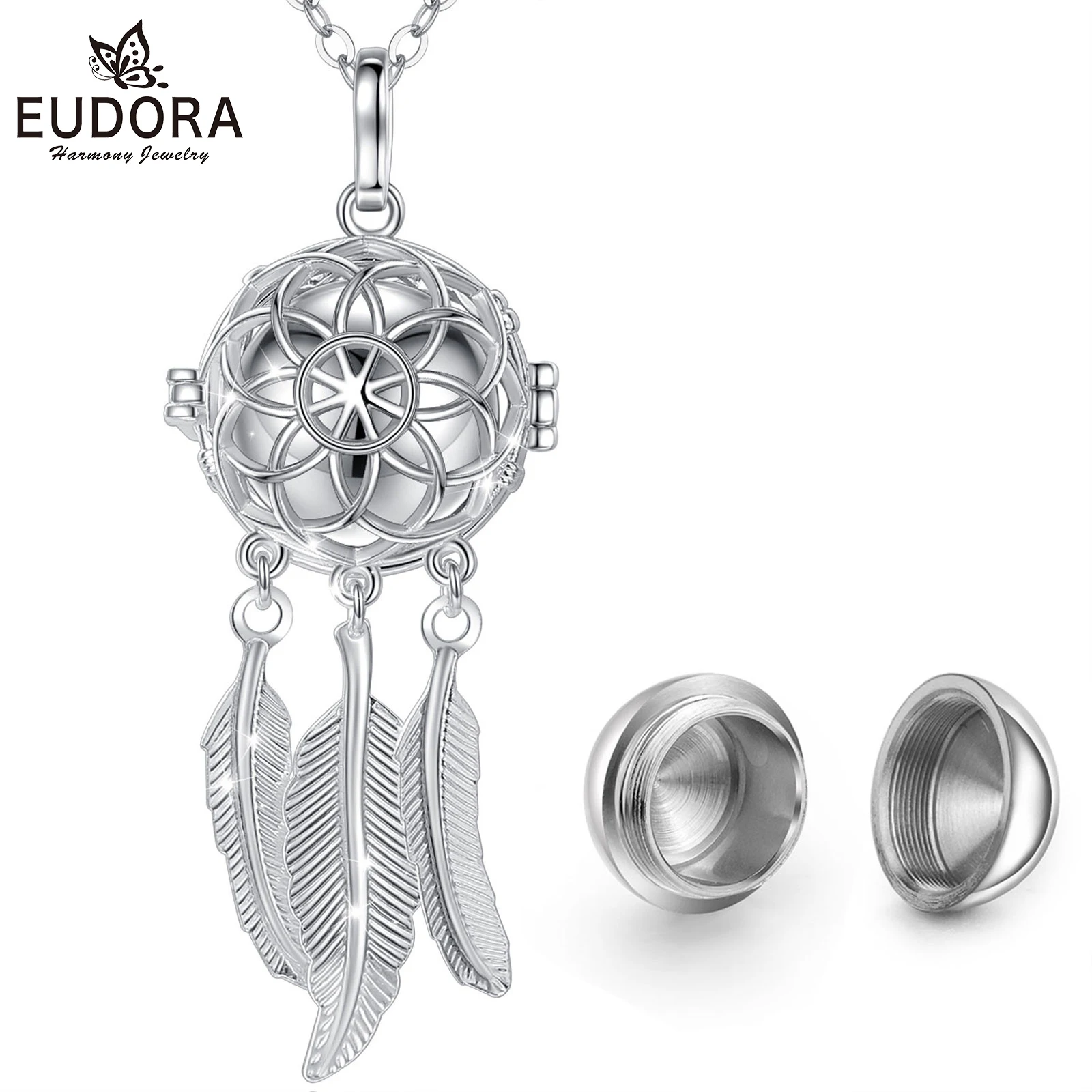 

EUDORA Urn Cremation Pendant 18mm Dreamcatcher Cage Locket Ash Holder Keepsake Capsule Necklace Hollow Ball DIY Jewelr k263n18