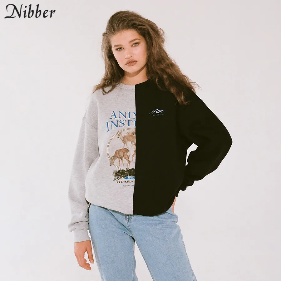 NIBBER, черный/серый, двухцветный, стильный женский пуловер с принтом, Осень-зима, длинный рукав, свободный, Повседневный, уличная одежда, толстовки, Топ