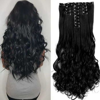 

Black Hairextensions Clip in Hairs 18 Clips 22inch 55cm Long Wavy Synthetic Heat Resistant Hairpiece for Women Girls Lady Daily