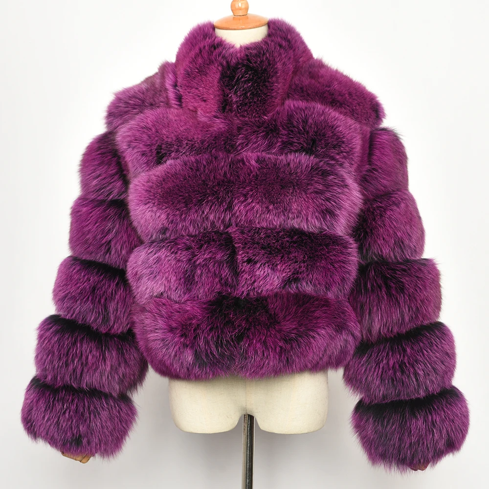 Purple Frosted Для женщин 5 рядов шуба из натурального Лисьего меха с меховым воротником зимняя теплая дутая куртка Меховая куртка Модные Стиль S7194 - Цвет: Purple Frosted