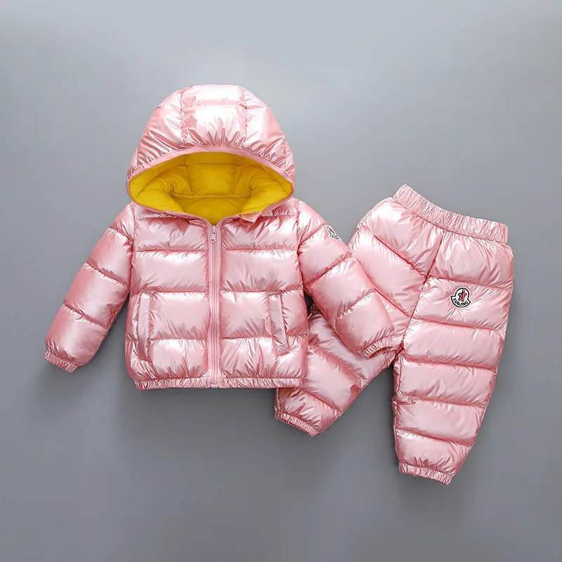 pink Зимняя теплая пуховая хлопковая куртка комплекты одежды для маленьких мальчиков Новинка года, одежда для девочек детское водонепроницаемое пальто с капюшоном плотные штаны для детей - Цвет: pink