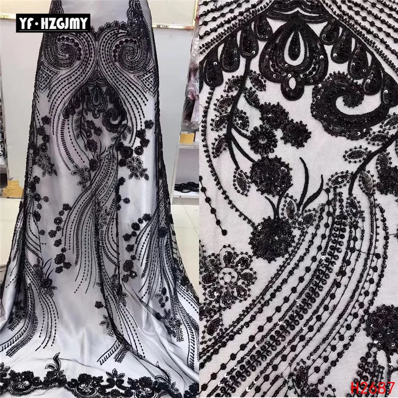 YF HZGJMY Золотая африканская кружевная ткань с блестками высокого качества свадебное плетеное кружево ручной работы из бисера тюль французское кружево ткань A2687