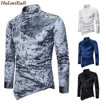 HuLooXuJi осень-зима мужские велюровые рубашки винтажная необычная на одно плечо с длинными рукавами модная блуза на пуговицах Размер США: S-2XL