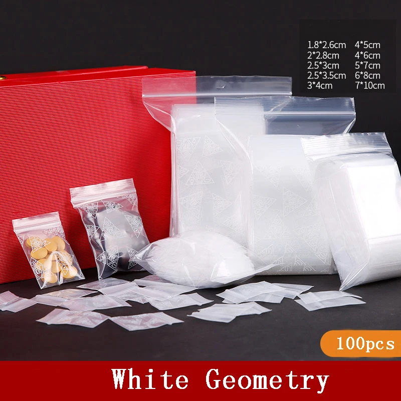White Geometry Print Plastic Zipper Bag Pouches 100pcs Ziplock Pill