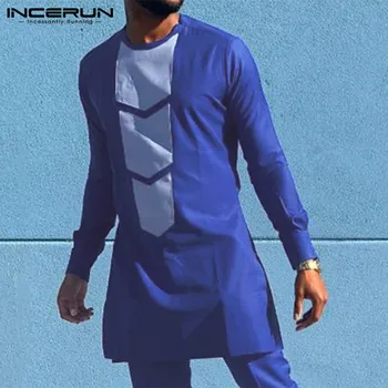 

INCERUN Men Shirt Patchwork Casual Ethnic Style Vintage Crew Neck Long Sleeve Muslim Long Shirts Islamic Arabic Men Clothes 2020