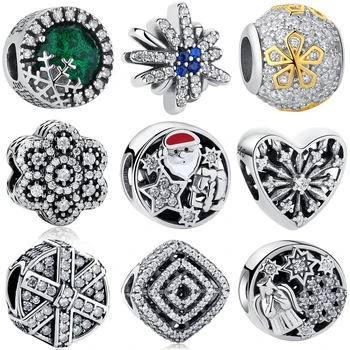 

100% 925 Sterling Silver Santa Charms Beads CZ Zircon Snowflake Flower Charm Fit Original ELESHE Bracelet Christmas DIY Jewelry
