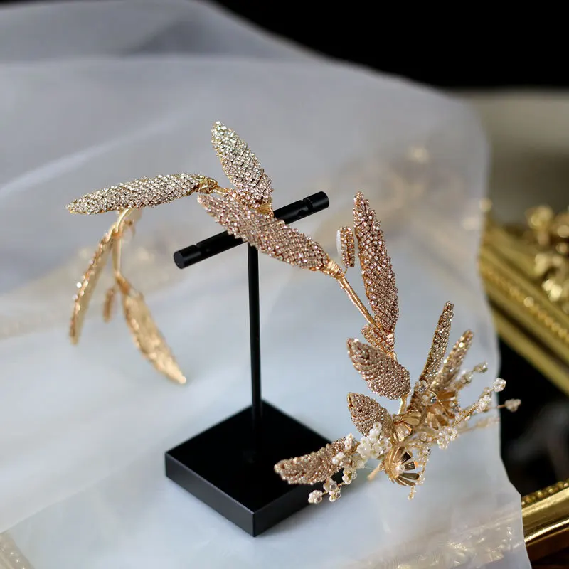 NiuShuya  Leaf Tiara Rhinestone Crown Diadema Wedding Headband Pearl Hair Jewelry Handmade Beads Hair Ornament