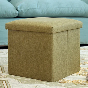 

Cube Shape Practical Folding Stool Pouffe Seat Linen Foldable Storage Box Multifunctional Simple Home Office