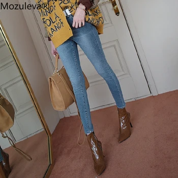 

Mozuleva 2019 Vintage Fit High Waist Denim Jeans for Women Stretable Femme Washed Blue Denim Skinny Jeans Female Pencil Pant
