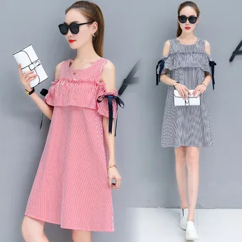 

Summer Wear 2018 New Style Fashion Large Size Dress Stripes Slimming Flounced A- line Skirt Female Summer off-Shoulder Dress