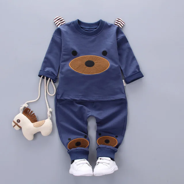 Комплекты для малышей хлопковые толстовки для девочек с рисунком медведя+ повседневные брюки детские костюмы из 2 предметов для мальчиков повседневные спортивные костюмы для малышей, roupas de bebe - Цвет: Синий