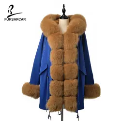 FURSARCAR 2019 новая синяя зимняя утепленная парка для женщин модный роскошный Съемный натуральный Лисий меховой воротник с капюшоном куртки и