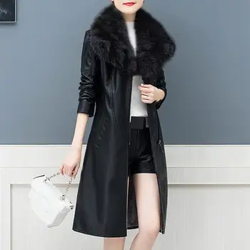 

Hot Sale Winter Faux Fur Collar Leather Coats Pockets Plus Size Casual Long Jacket Female Sashes Pockets, Warm Overcoats