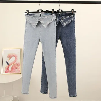 

Cowboy Skinny Pants Women 2020 Spring Sequin Hot Drilling Irregular High-waist Jeans Pants Slim Fit Rivet Denim Trousers Female