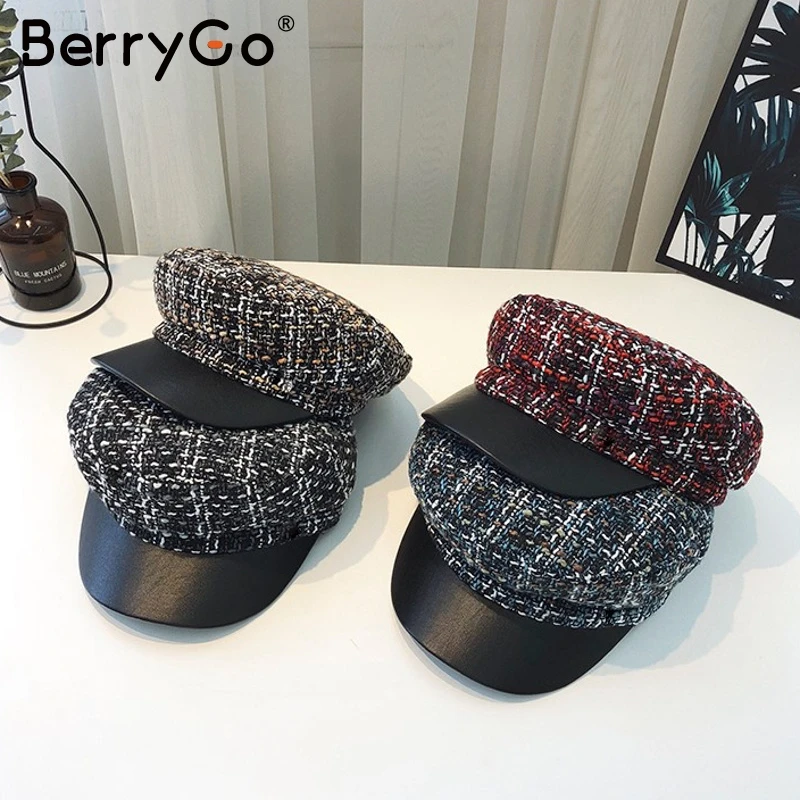BerryGo Повседневный твидовый в клетку Военная кепка для женщин осень зима модный