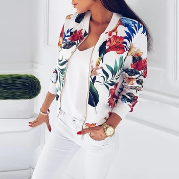 

Jacket Women Flower Floral Printed Zipper Up Thin Bomber Jacket Retro Coats New Autumn Basic Casual Ladies Outerwear 2019