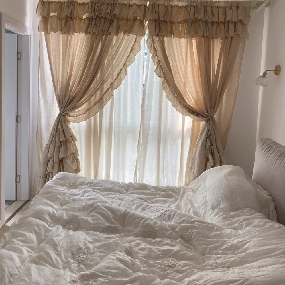 French Lolita Ruffles Blackout Curtains for Bedroom, Natural Cotton Linen Beige Cortinas,Romantic Layers Kitchen Short Curtains 5