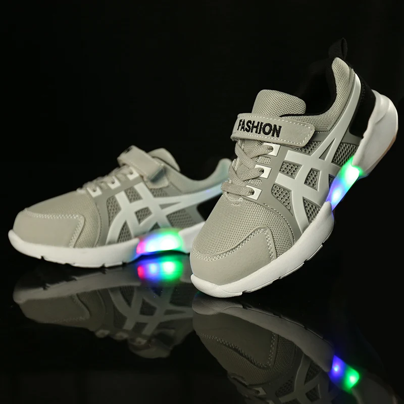 Fashion Bright Solid USB Led Light Up Kid Shoes Breathable Hook&Loop Children Charging Luminous Sneakers For Girl And Boy 22-30