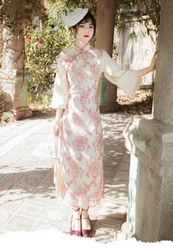 

Vintage QIpao Dress Women Slim Package Hip Split Maid Embroidery Summer Temperament Fairy Dress Evening Gown Adults Pink Female