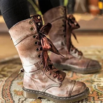 

Fashion Motorcycle Boots for Girls Spring/Autumn Wedges Sturdy Sole Mid Calf Boots Woman Lace Up Solid Casual Shoes Women 2020
