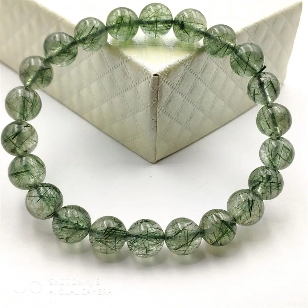 

Natural Green Rutilated Quartz Hair Crsytal Bracelet 9mm Women Men Fashion Best Beads Stone Anniversary Round Beads AAAAA