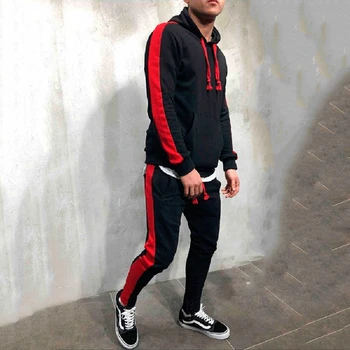

2 Pieces Sets Tracksuit Men New Brand Autumn Winter Hooded Sweatshirt +Drawstring Pants Male Stripe Patchwork Hoodies Bigsweety
