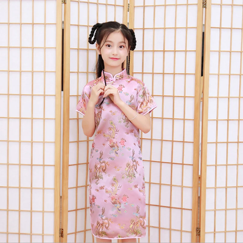 사랑스러운 소녀 부드러운 새틴 cheongsam 드레스 귀여운 공주 소녀 드레스 키즈 파티 공 가운 드레스 새해 cheongsam 의류