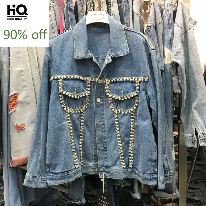 

Designer New Long Sleeve Single Breasted Womens Denim Jackets Fashion Embroidered Flares Diamonds Pockets Female Oversize Coats