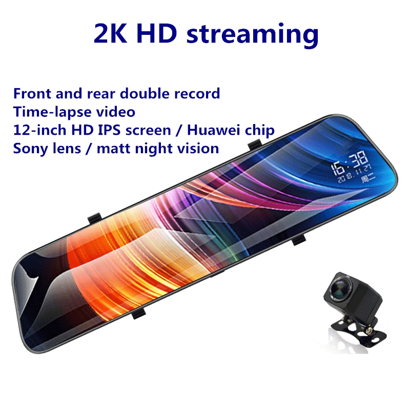 

12 Inch Dashcam 2K Dash Cam DVR Rear View Mirror Streaming HD Night Vision Rearview Mirror Camera Dual Lens Car Camera Recorder