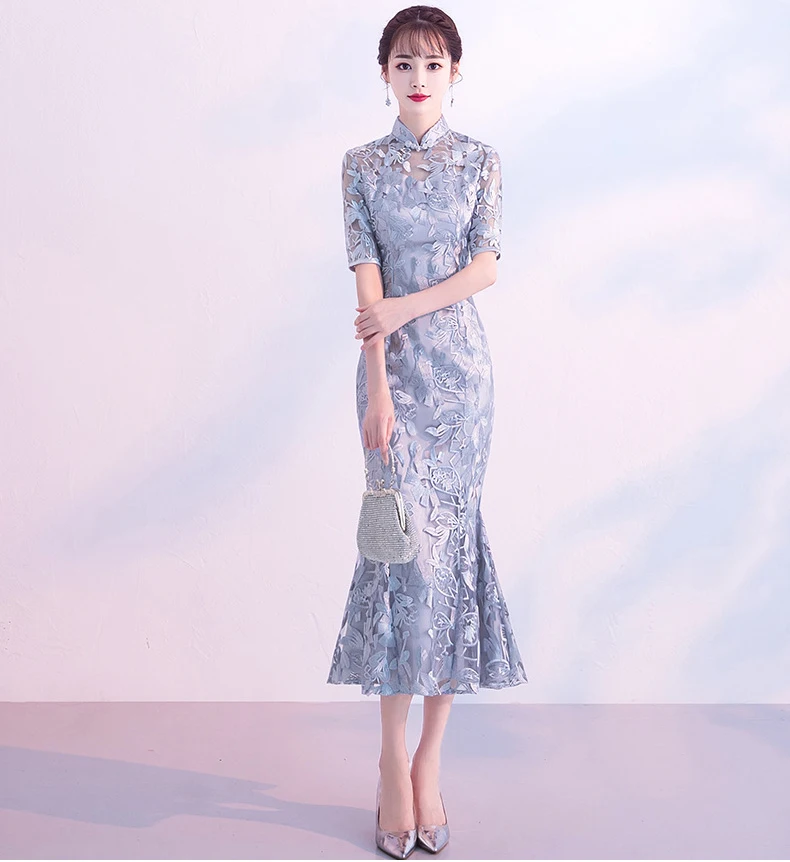 Кружевное китайское свадебное платье Cheongsam серого и синего цвета, женское тонкое китайское традиционное платье с коротким рукавом vestido chines, женское платье Qipao