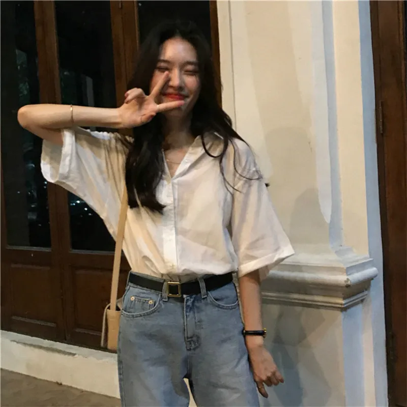 

Shirts Women Short Sleeve Simple All-match Solid Color Daily Shirt Causal Womens Loose Korean Style Summer High Quality Blouses