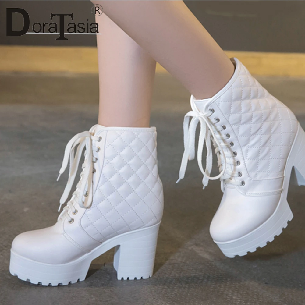 

DORATASIA New Fashion Snow Boots Lady High Chunky Heels Shoes Woman Platform Party Office Lace Up Ankle Boots Women Winter 2019