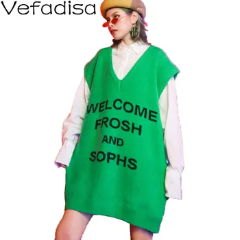 

Vefadisa Letter Print Sweater Vest Women 2020 Spring Autumn Sleeveless Sweater Coat V-Neck Pullover Knitted Vest Loose QYF4115